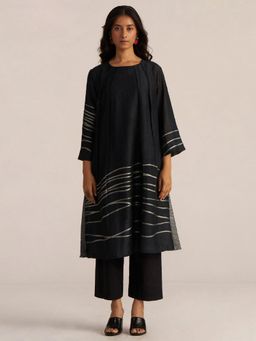 Ganga Fashions - Black Printed Linen Kurta with Pant & Slip (Set of 3)