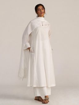Ganga Fashions - White Embroidered Kurta, Slip with Palazzo & Dupatta (Set of 4)