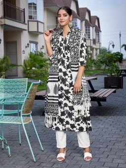 Odette - Black And White Viscose Printed Stitched Kurta with Pant & Dupatta (Set of 3)