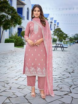 Odette - Pink Silk Blend Embroidered Stitched Kurta with Pant & Dupatta (Set of 3)