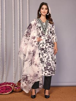 Odette - White And Black Cotton Blend Printed Stitched Kurta with Pant & Dupatta (Set of 3)