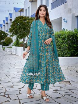 Odette - Teal Blue Viscose Printed Stitched Kurta with Pant & Dupatta (Set of 3)