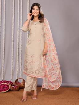 Odette - Beige Silk Blend Embroidered Stitched Kurta with Pant & Dupatta (Set of 3)