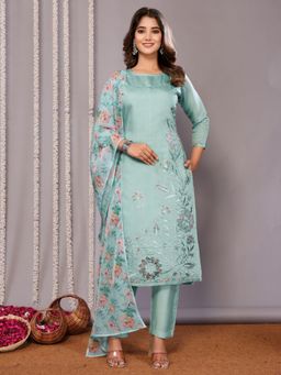 Odette - Sea Blue Silk Blend Embroidered Stitched Kurta with Pant & Dupatta (Set of 3)