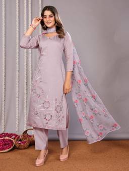 Odette - Lavender Silk Blend Embroidered Stitched Kurta with Pant & Dupatta (Set of 3)