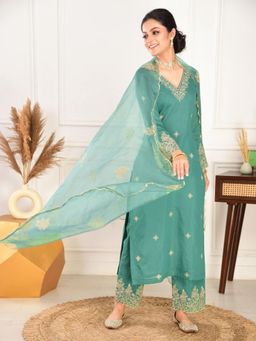 Odette - Teal Green Silk Blend Embroidered Stitched Kurta with Pant & Dupatta (Set of 3)