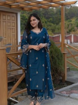 Odette - Teal Blue Silk Blend Embroidered Stitched Kurta with Pant & Dupatta (Set of 3)