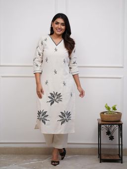 Odette - White Viscose Embroidered Stitched Kurta & Pant For Women (Set of 2)