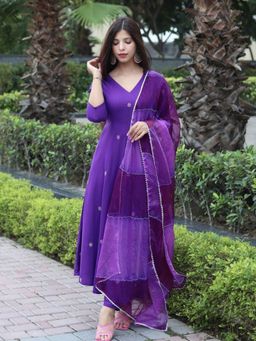 Odette - Purple Viscose Embroidered Angrakha Kurta with Pant & Dupatta For Women (Set of 3)