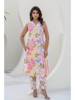 Kohsh - Pastel Yellow Thread Work Cotton Straight Co-Ord (Set of 2)