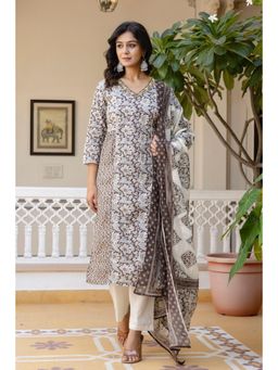 Kohsh - White and Brown Side Pleated Cotton Straight Kurta with Pant and Dupatta (Set of 3)