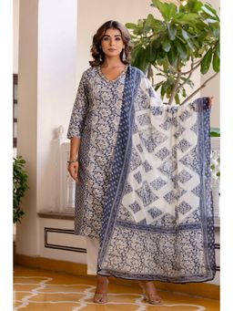 Kohsh - White and Blue Side Pleated Cotton Straight Kurta with Pant and Dupatta (Set of 3)