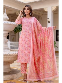 Kohsh - Pink Floral Printed Placket Highlight Straight Kurta with Pant and Dupatta (Set of 3)