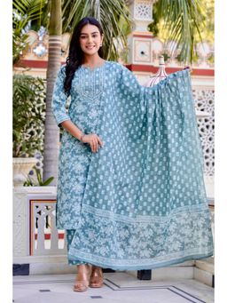 Kohsh - Turquoise Thread Work Highlight Cotton Straight Kurta with Pant and Dupatta (Set of 3)