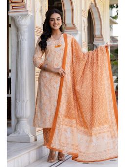 Kohsh - Peach Neck Highlight Printed Cotton Straight Kurta with Pant and Dupatta (Set of 3)