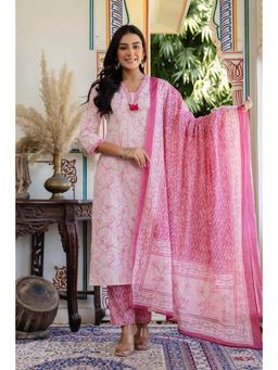Kohsh - Pink Neck Highlight Printed Cotton Straight Kurta with Pant and Dupatta (Set of 3)