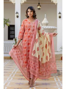 Kohsh - Peach Mirror and Pearl Work Cotton Straight Kurta with Pant and Dupatta (Set of 3)