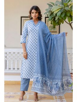 Kohsh - Blue Motif Printed Cotton Straight Kurta with Pant and Dupatta (Set of 3)