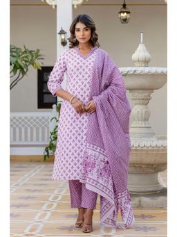 Kohsh - Purple Motif Printed Cotton Straight Kurta with Pant and Dupatta (Set of 3)