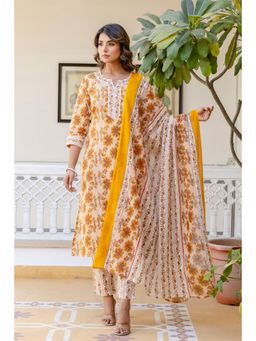 Kohsh - Mustard Stripes with Floral Printed Straight Kurta with Pant and Dupatta (Set of 3)