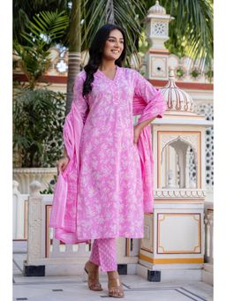 Kohsh - Pink Mirrorwork Floral Cotton Straight Kurta with Pant and Dupatta (Set of 3)