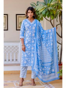 Kohsh - Blue V-Neck Printed Straight Kurta Set with Pant and Kota Doriya Dupatta (Set of 3)