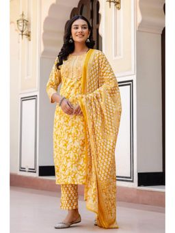Kohsh - Mustard Yellow Straight Kurta Set with Pant and Kota Doriya Dupatta (Set of 3)