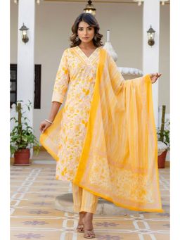 Kohsh - Yellow V-Neck Floral Print Cotton Straight Kurta with Pant and Dupatta (Set of 3)