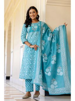 Kohsh - Blue Yoke Highlighted Straight Floral Cotton Kurta with Pant and Dupatta (Set of 3)
