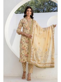 Kohsh - Cream Collar Neck Floral Cotton Straight Kurta with Pant and Dupatta (Set of 3)