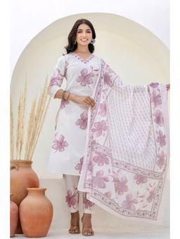 Kohsh - White and Pink Floral Cotton Straight Kurta with Pant and Dupatta (Set of 3)