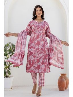 Kohsh - Dusty Pink Floral Print Cotton Straight Kurta with Pant and Dupatta (Set of 3)