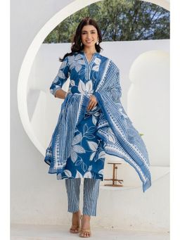 Kohsh - Blue Floral Print Placket Highlight Collar Kurta with Pant & Dupatta (Set of 3)