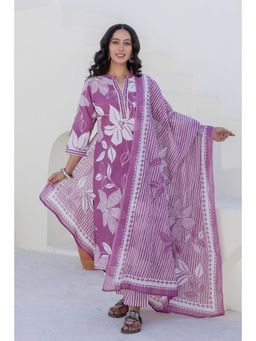 Kohsh - Purple Floral Print Placket Highlight Collar Kurta with Pant & Dupatta (Set of 3)