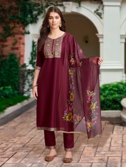 MOJILAA - Women's Burgundy Chinon Silk Geometric Jacquard Kurta with Pant and Dupatta (Set of 3)