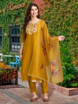 MOJILAA - Women's Mustard Chinon Silk Paisley Jacquard Kurta with Pant and Dupatta (Set of 3)