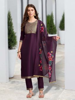 MOJILAA - Women's Wine Chinon Silk Geometric Jacquard Kurta with Pant and Dupatta (Set of 3)