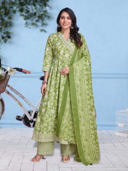 MOJILAA - Light Green Cotton Bagh Gota Patti Angrakha Kurta with Palazzo and Dupatta (Set of 3)