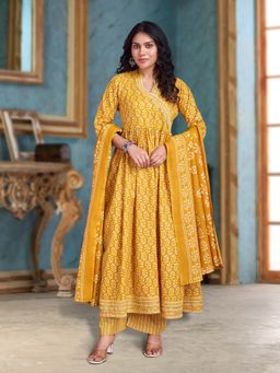 MOJILAA - Yellow Floral Print Gota Patti Angrakha Kurta with Palazzo and Dupatta (Set of 3)