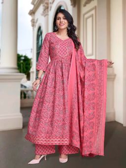 MOJILAA - Pink Motifs Gota Patti Flared Anarkali Kurta with Palazzo and Dupatta (Set of 3)