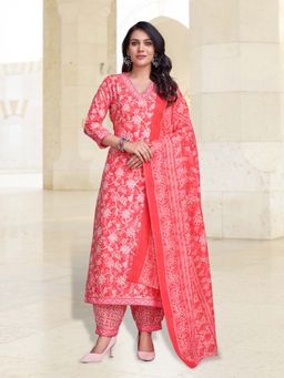 MOJILAA - Peach Red Bagh Gota Patti Straight Kurta with Afghani Salwar and Dupatta (Set of 3)