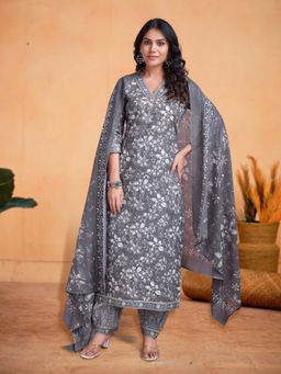 MOJILAA - Grey Floral Gota Patti Straight Kurta with Afghani Salwar and Dupatta (Set of 3)