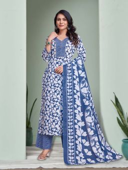 MOJILAA - Women's Blue Cotton Floral Gota Patti Straight Kurta with Pant and Dupatta (Set of 3)