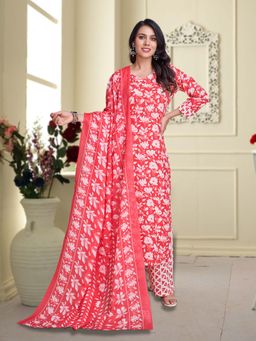 MOJILAA - Women's Red Cotton Floral Block Print Straight Kurta with Pant and Dupatta (Set of 3)