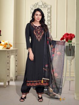 MOJILAA - Black Viscose Silk Floral Embroidered Kurta with Afghani Salwar & Dupatta (Set of 3)