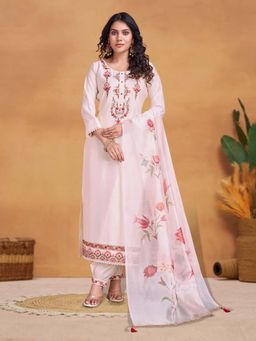 MOJILAA - Pink Viscose Silk Floral Embroidered Kurta with Afghani Salwar & Dupatta (Set of 3)