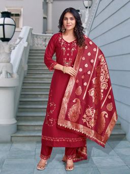 MOJILAA - Red Viscose Silk Floral Embroidered Kurta with Pant and Jacquard Dupatta (Set of 3)