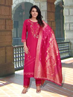 MOJILAA - Pink Viscose Silk Floral Embroidered Kurta with Pant and Jacquard Dupatta (Set of 3)