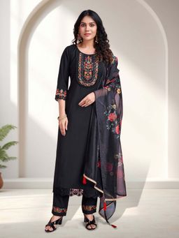 MOJILAA - Black Viscose Silk Floral Embroidered Straight Kurta with Pant and Dupatta (Set of 3)