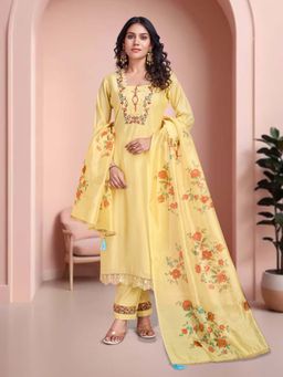 MOJILAA - Yellow Viscose Silk Floral Embroidered Straight Kurta with Pant and Dupatta (Set of 3)